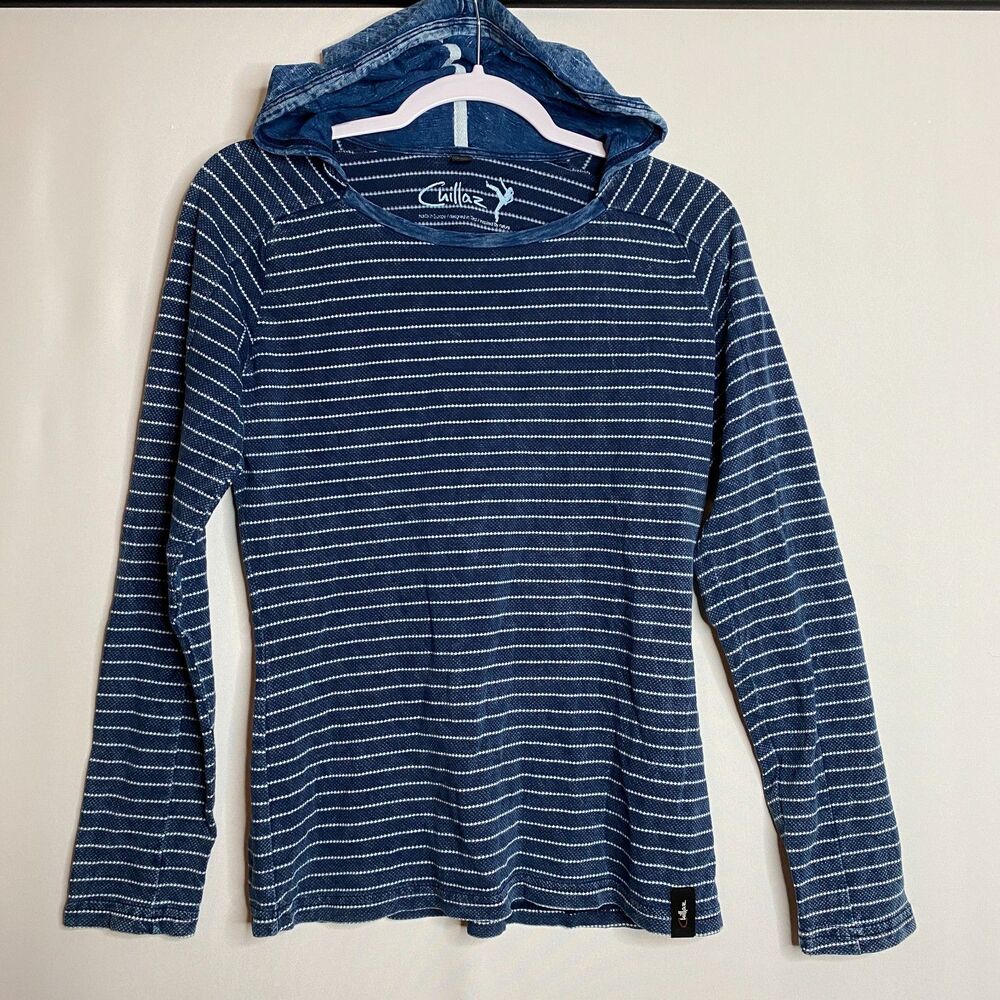 Chillaz Climbing Shirt Long Sleeve Denim Hooded Blue Stripe Shirt Womens S